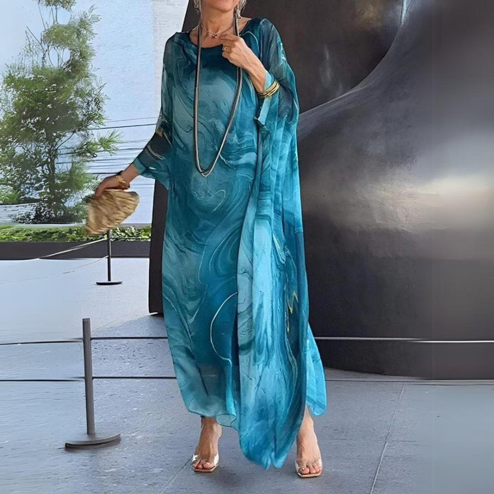 Women's Flowy Batwing-Sleeve Maxi Long Sleeve Dress Crewneck - Blue