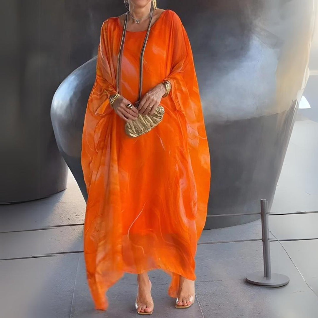 Women's Flowy Batwing-Sleeve Maxi Long Sleeve Dress Crewneck - Orange