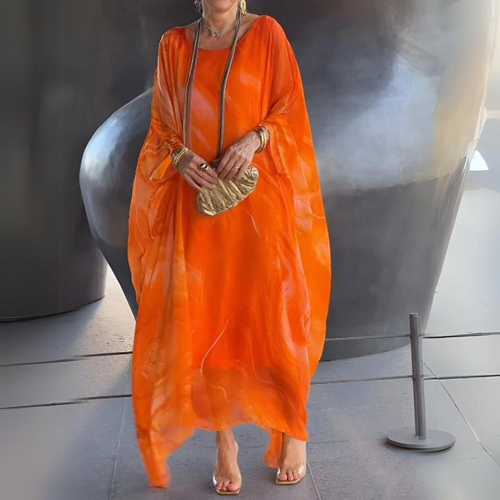 Women's Flowy Batwing-Sleeve Maxi Long Sleeve Dress Crewneck - Orange