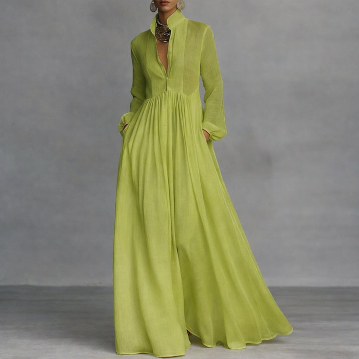 Women's Flowy Button-Front Maxi Long Sleeve Dress - Green