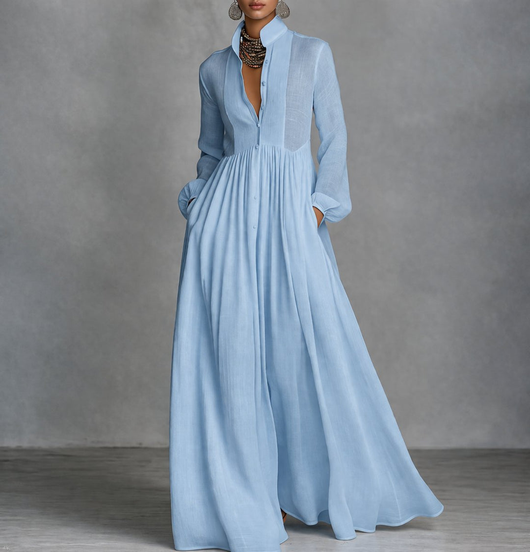 Women's Flowy Button-Front Maxi Long Sleeve Dress - Light Blue