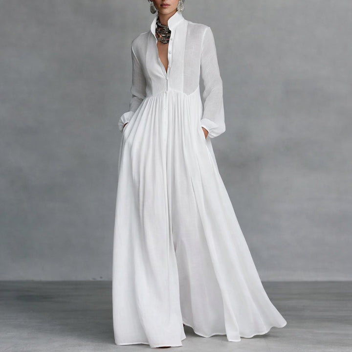 Women's Flowy Button-Front Maxi Long Sleeve Dress - White