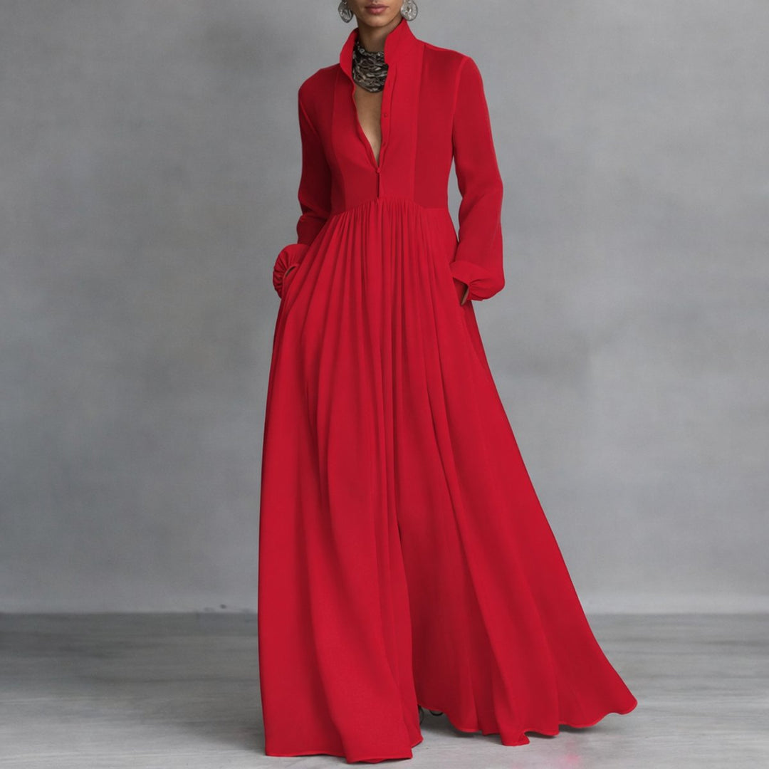Women's Flowy Button-Front Maxi Long Sleeve Dress - Red