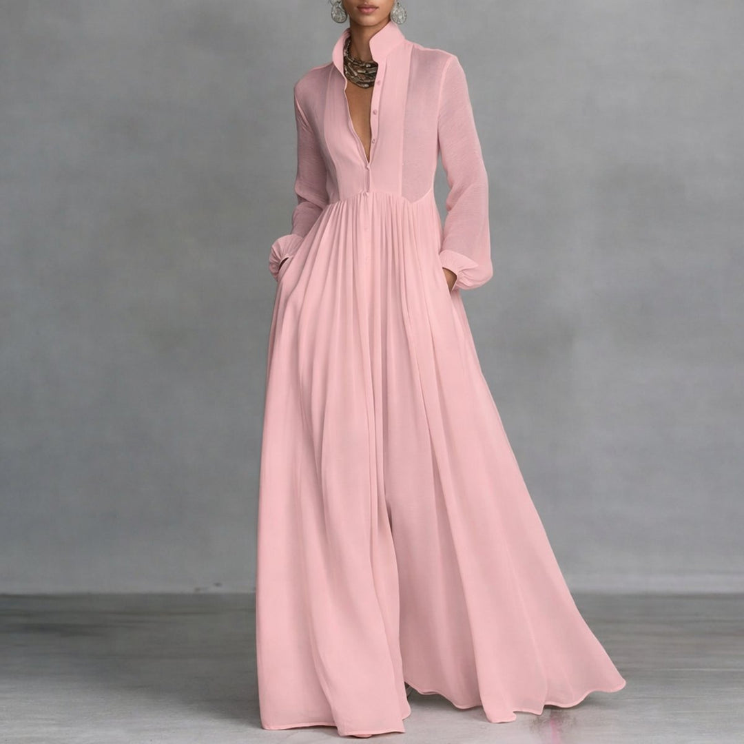 Women's Flowy Button-Front Maxi Long Sleeve Dress - Pink