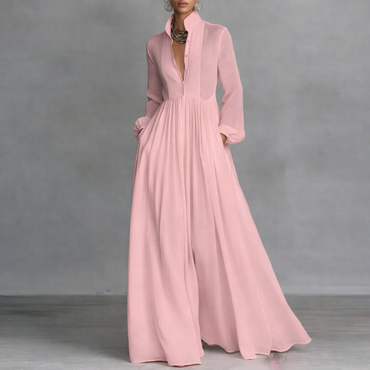 Women's Flowy Button-Front Maxi Long Sleeve Dress - Pink