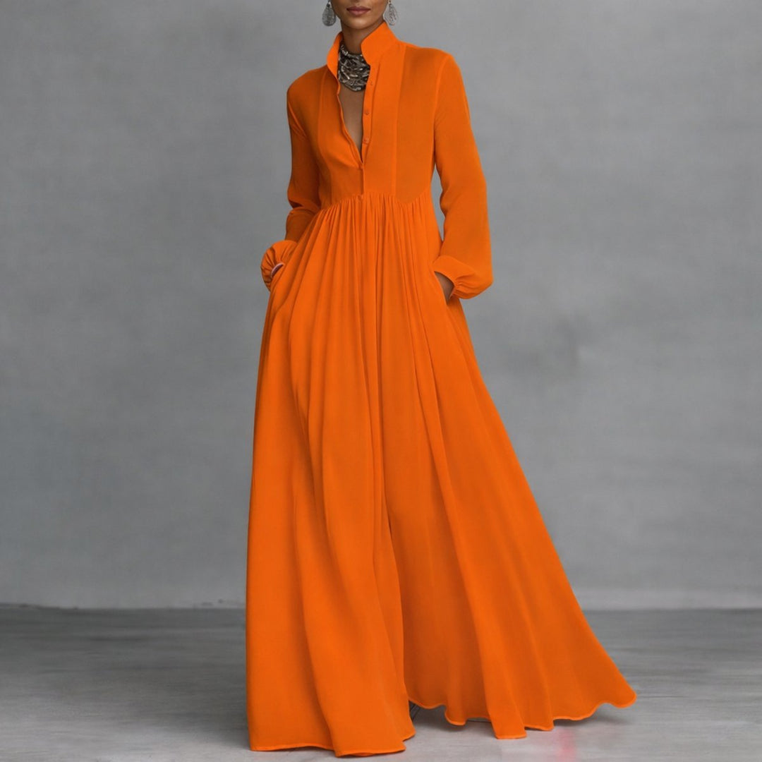 Women's Flowy Button-Front Maxi Long Sleeve Dress - Orange