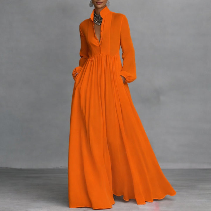 Women's Flowy Button-Front Maxi Long Sleeve Dress - Orange