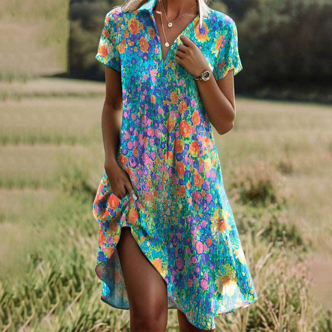 Women's Flowy Floral V-Neck Short Sleeve Midi Dress - Multicolor
