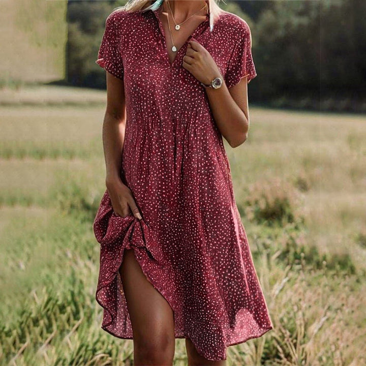 Women's Flowy Floral V-Neck Short Sleeve Midi Dress - Red