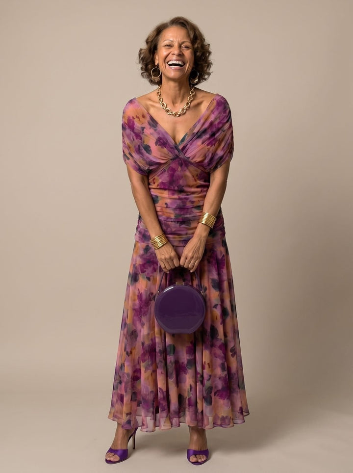 Women's Flowy Midi Dress Off-Shoulder Draped Floral Chiffon - Purple