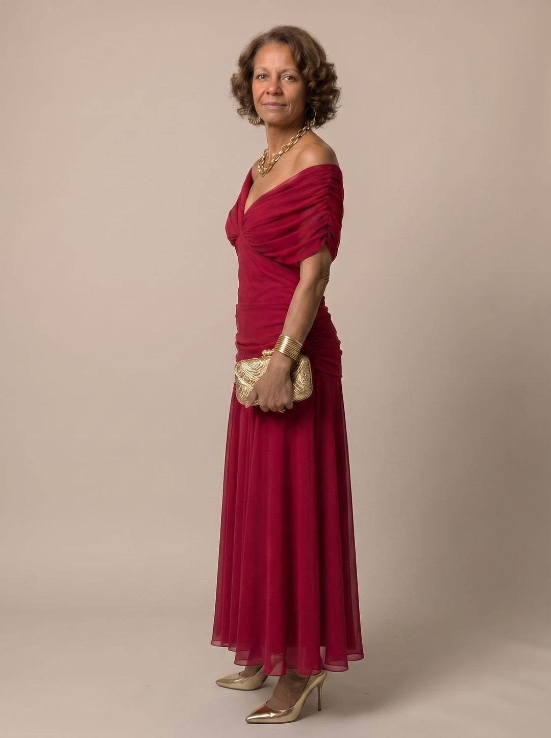 Women's Flowy Midi Dress Off-Shoulder Draped Floral Chiffon