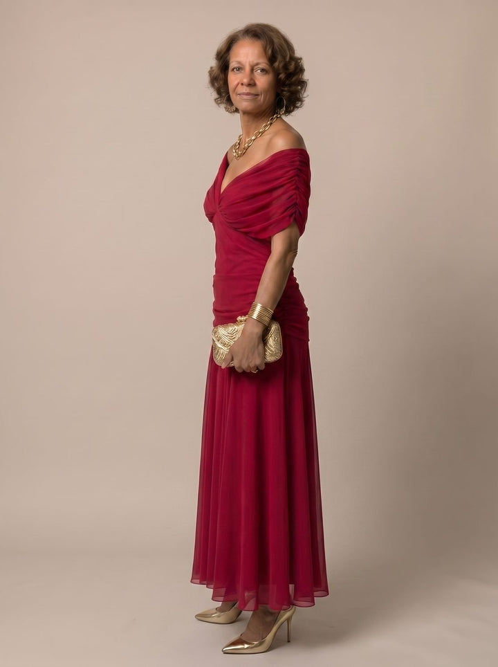Women's Flowy Midi Dress Off-Shoulder Draped Floral Chiffon