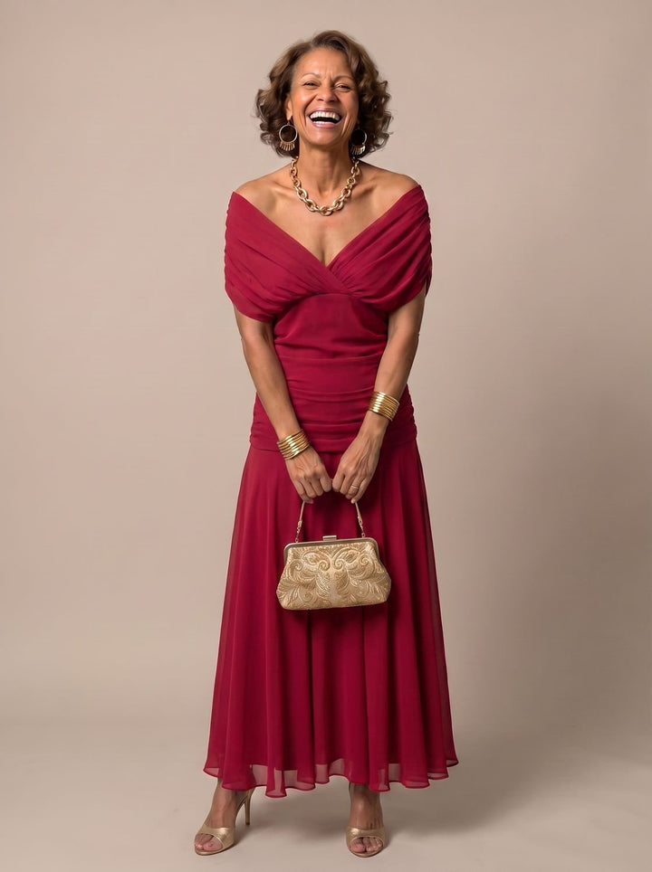 Women's Flowy Midi Dress Off-Shoulder Draped Floral Chiffon