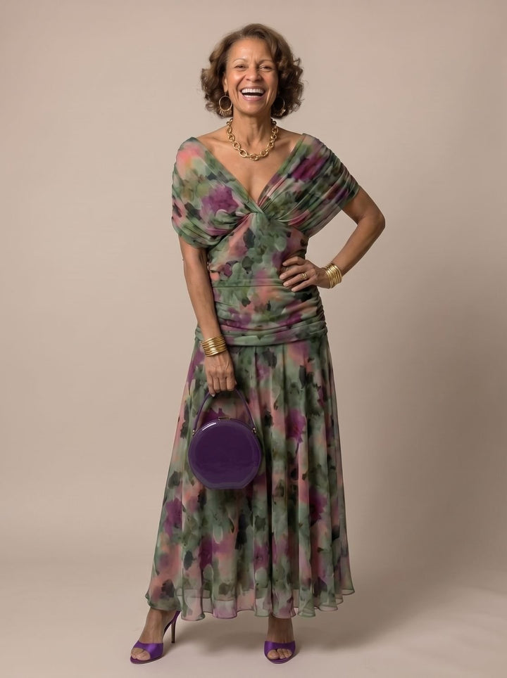 Women's Flowy Midi Dress Off-Shoulder Draped Floral Chiffon - Multicolor