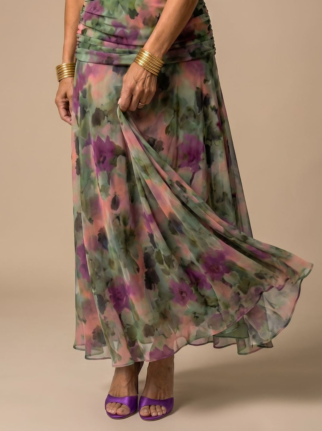 Women's Flowy Midi Dress Off-Shoulder Draped Floral Chiffon