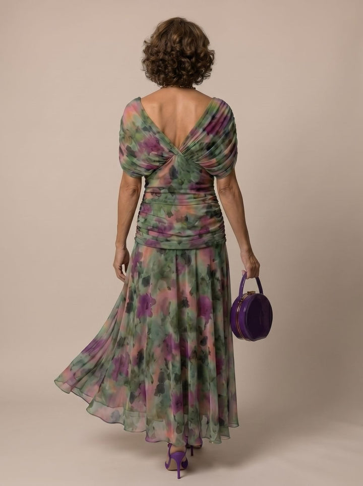 Women's Flowy Midi Dress Off-Shoulder Draped Floral Chiffon