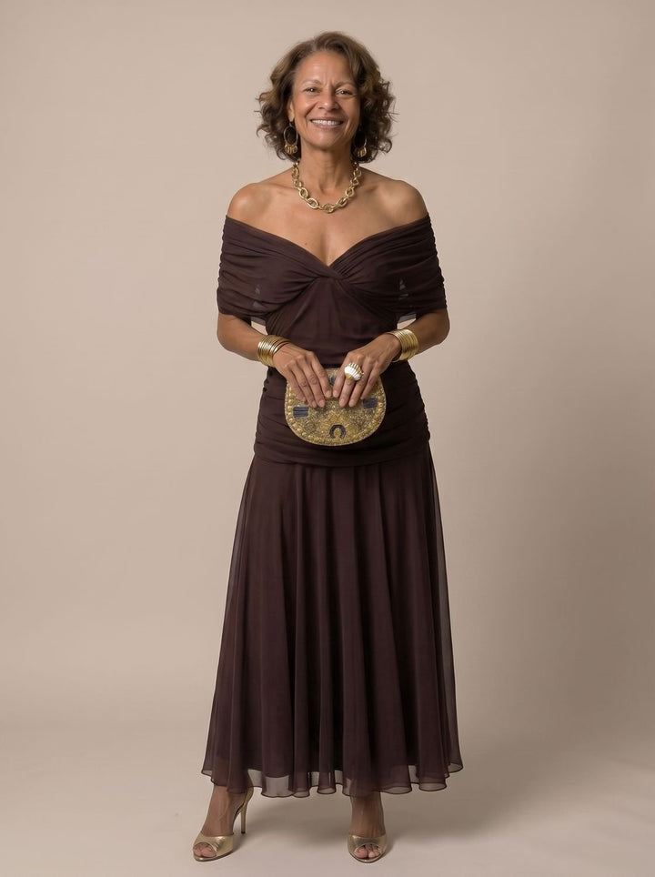 Women's Flowy Midi Dress Off-Shoulder Draped Floral Chiffon - Brown