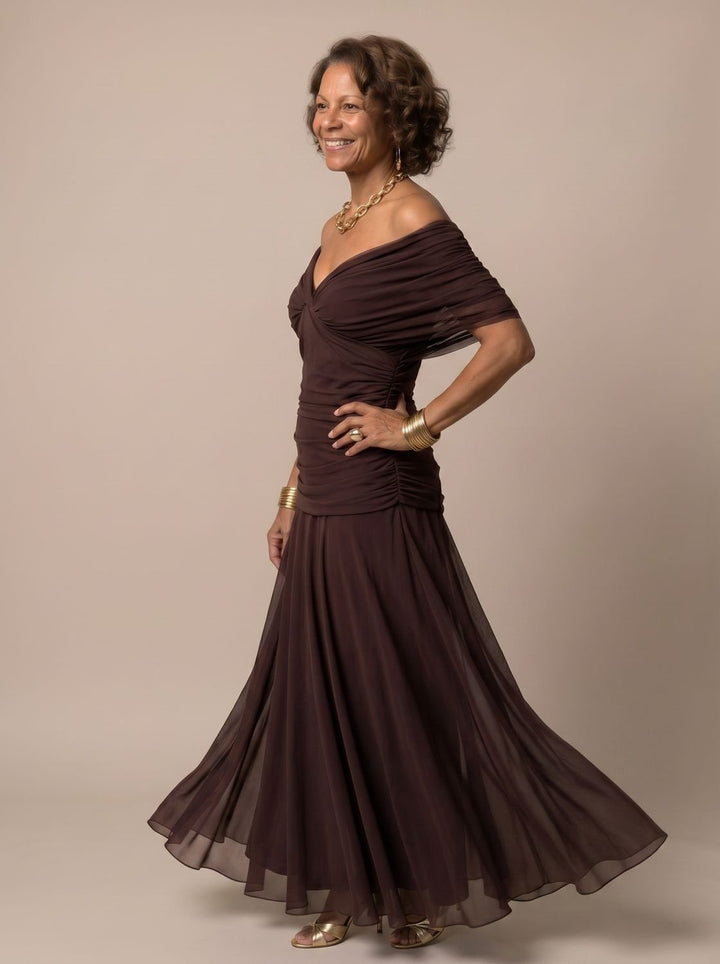 Women's Flowy Midi Dress Off-Shoulder Draped Floral Chiffon