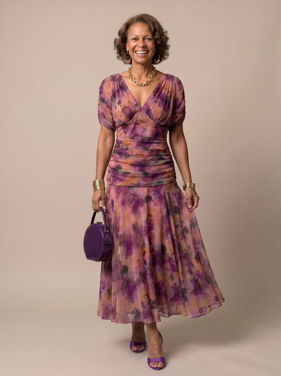 Women's Flowy Midi Dress Off-Shoulder Draped Floral Chiffon