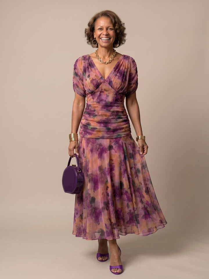 Women's Flowy Midi Dress Off-Shoulder Draped Floral Chiffon