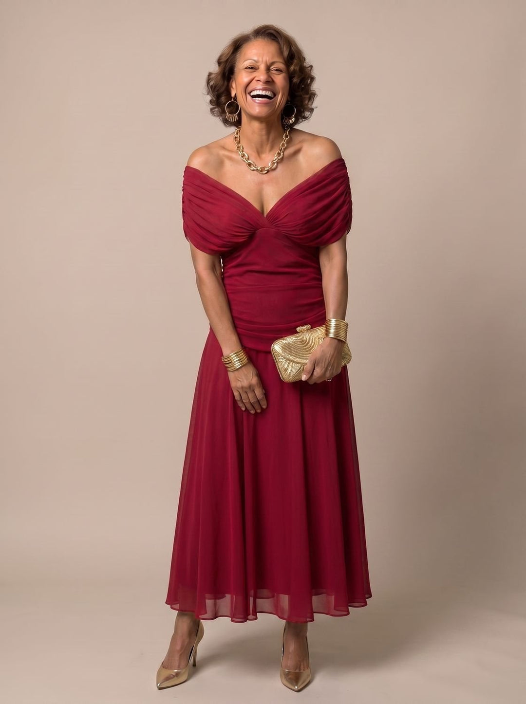 Women's Flowy Midi Dress Off-Shoulder Draped Floral Chiffon