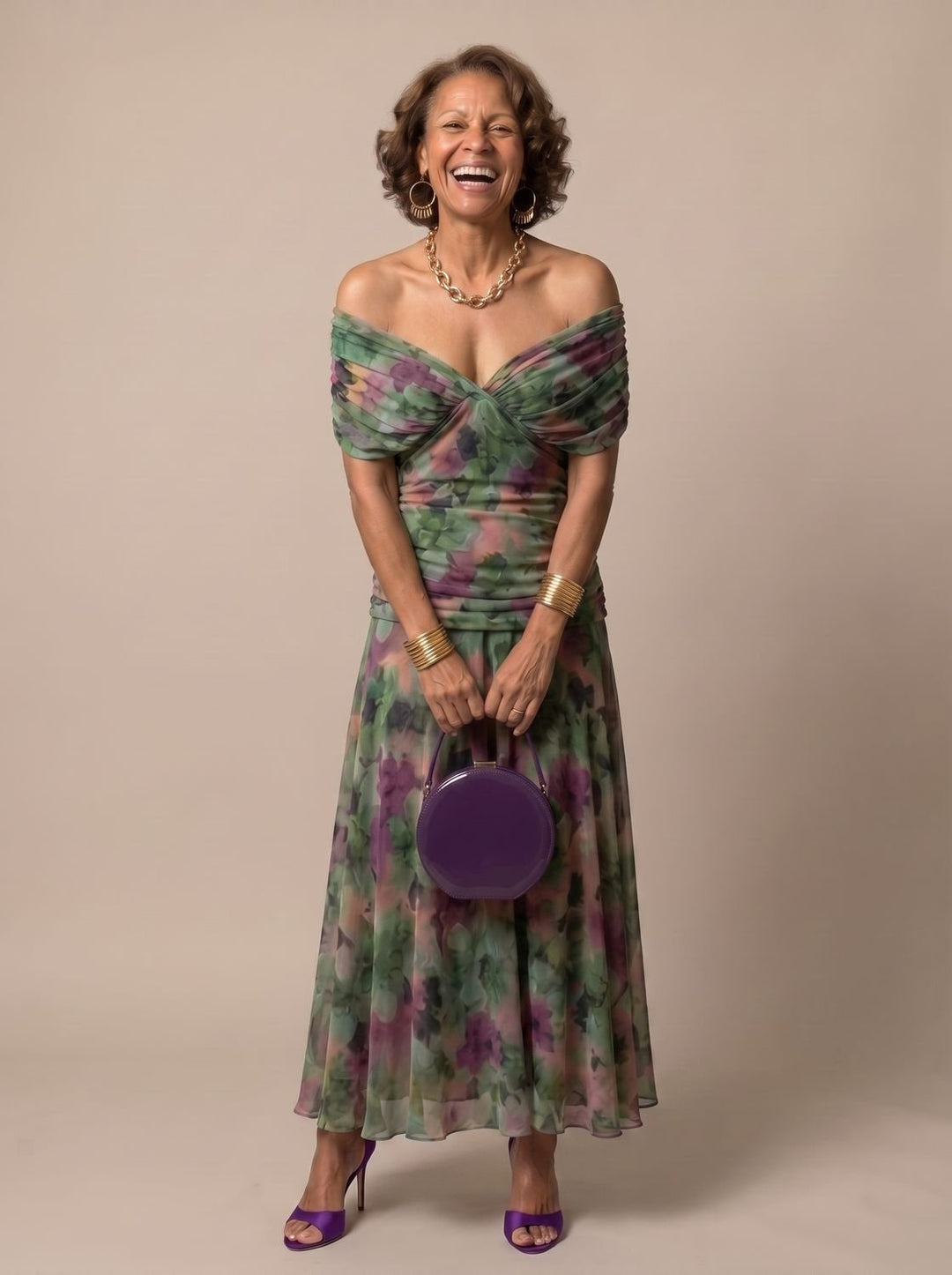 Women's Flowy Midi Dress Off-Shoulder Draped Floral Chiffon
