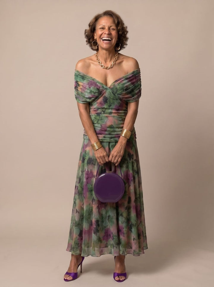 Women's Flowy Midi Dress Off-Shoulder Draped Floral Chiffon