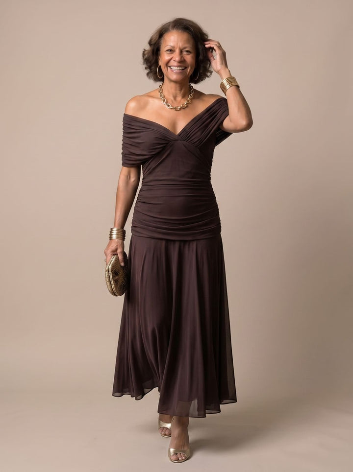 Women's Flowy Midi Dress Off-Shoulder Draped Floral Chiffon