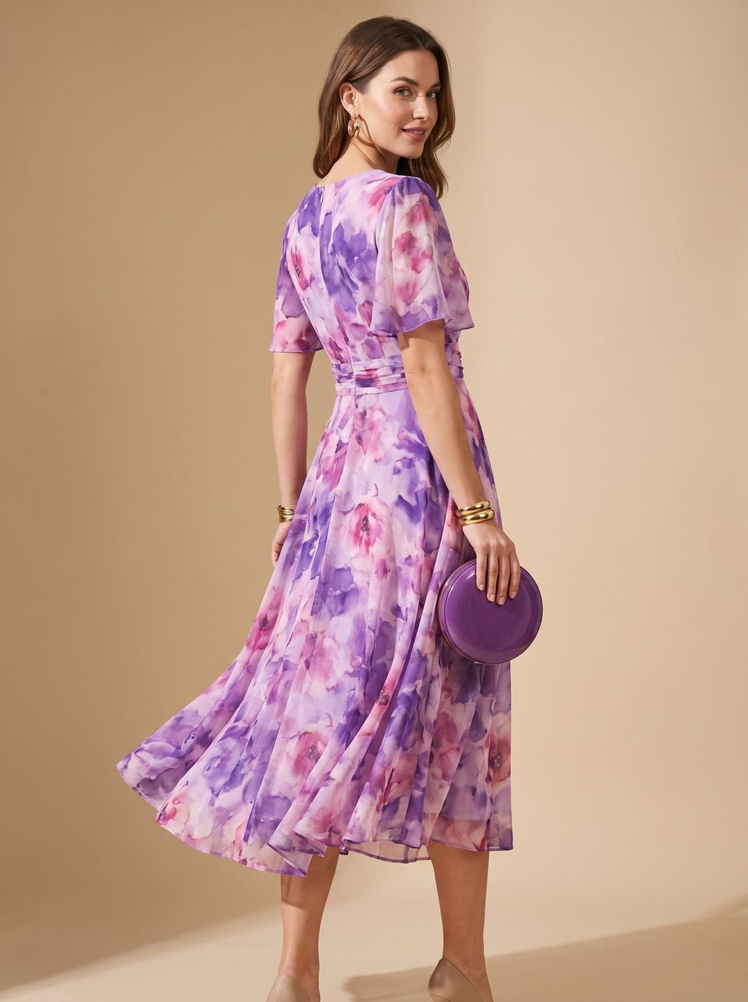 Women's Flowy Midi Dress Off-Shoulder Draped Floral Chiffon