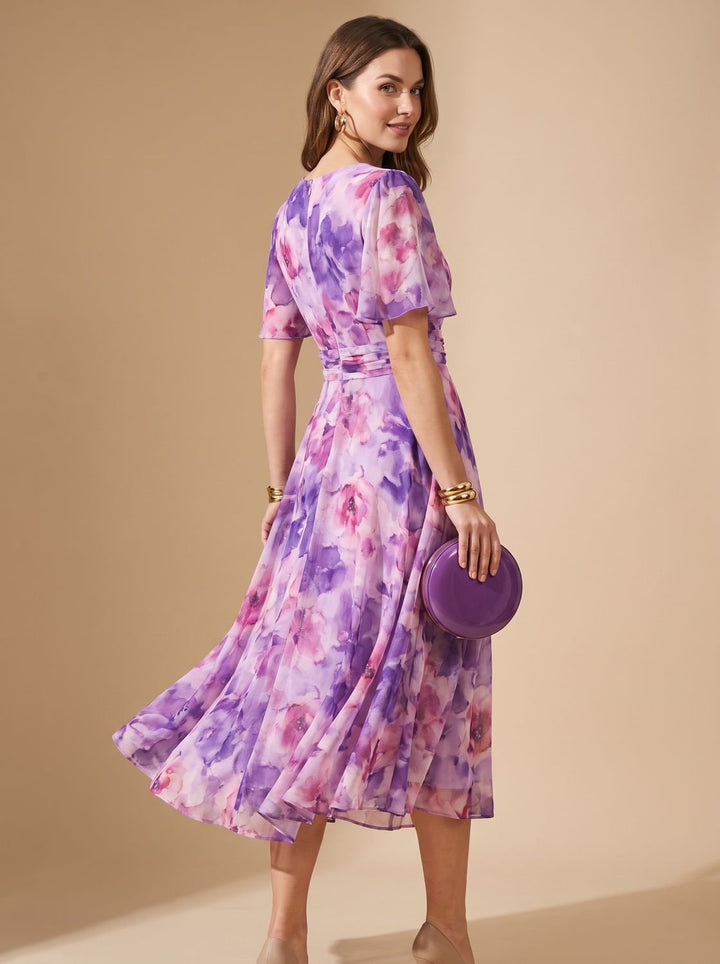 Women's Flowy Midi Dress Off-Shoulder Draped Floral Chiffon