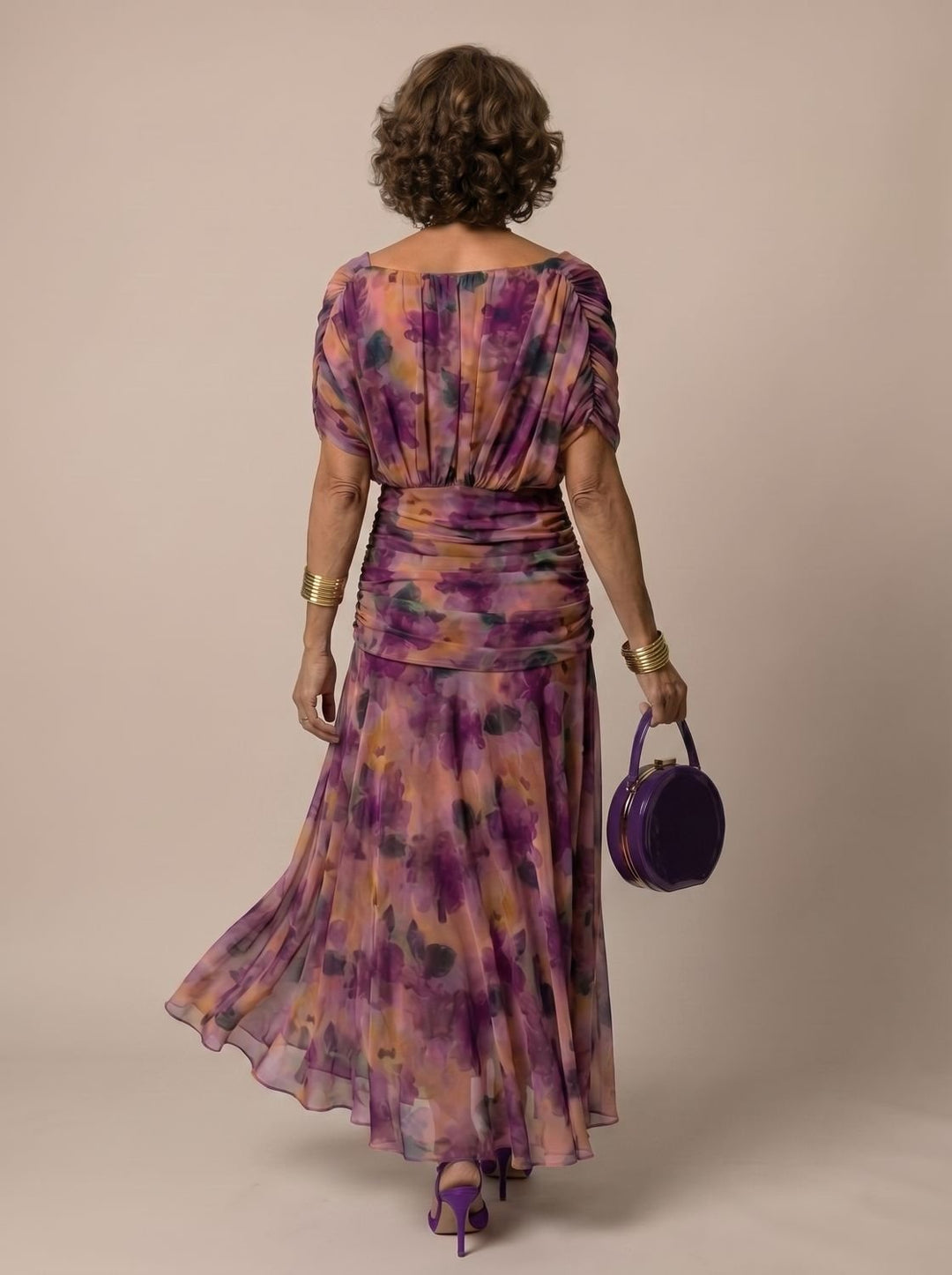 Women's Flowy Midi Dress Off-Shoulder Draped Floral Chiffon