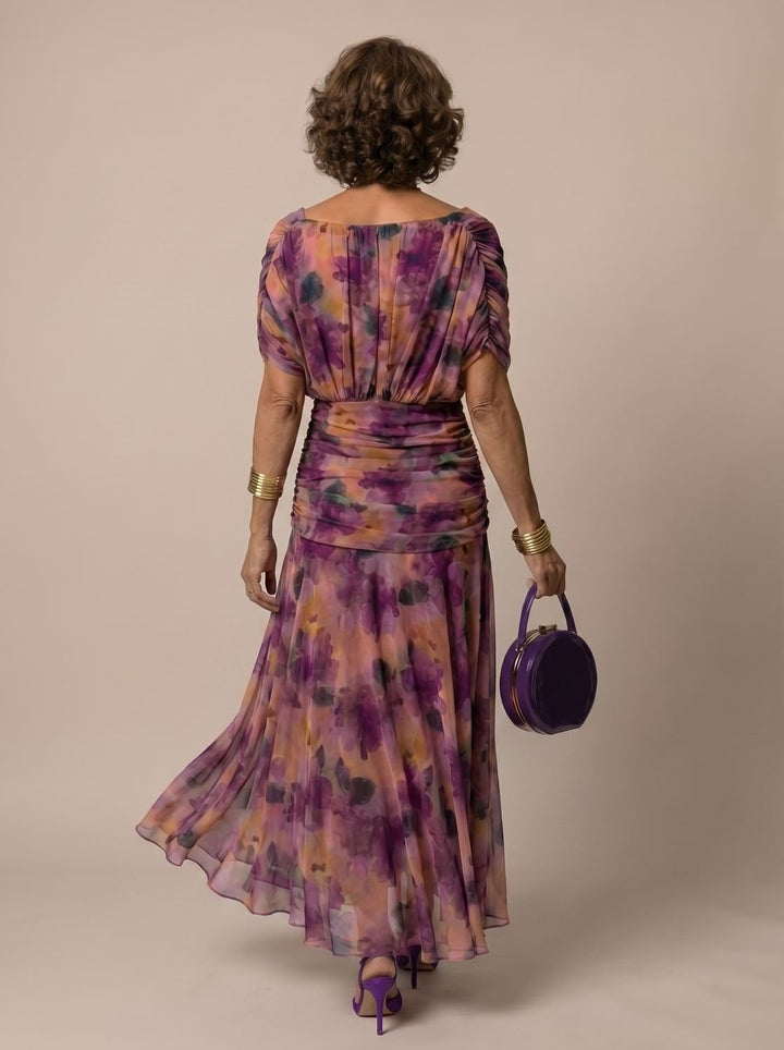 Women's Flowy Midi Dress Off-Shoulder Draped Floral Chiffon