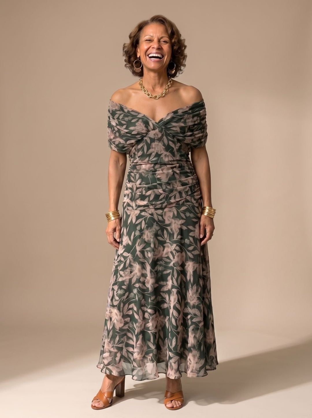 Women's Flowy Midi Dress Off-Shoulder Draped Floral Chiffon - Dark Green