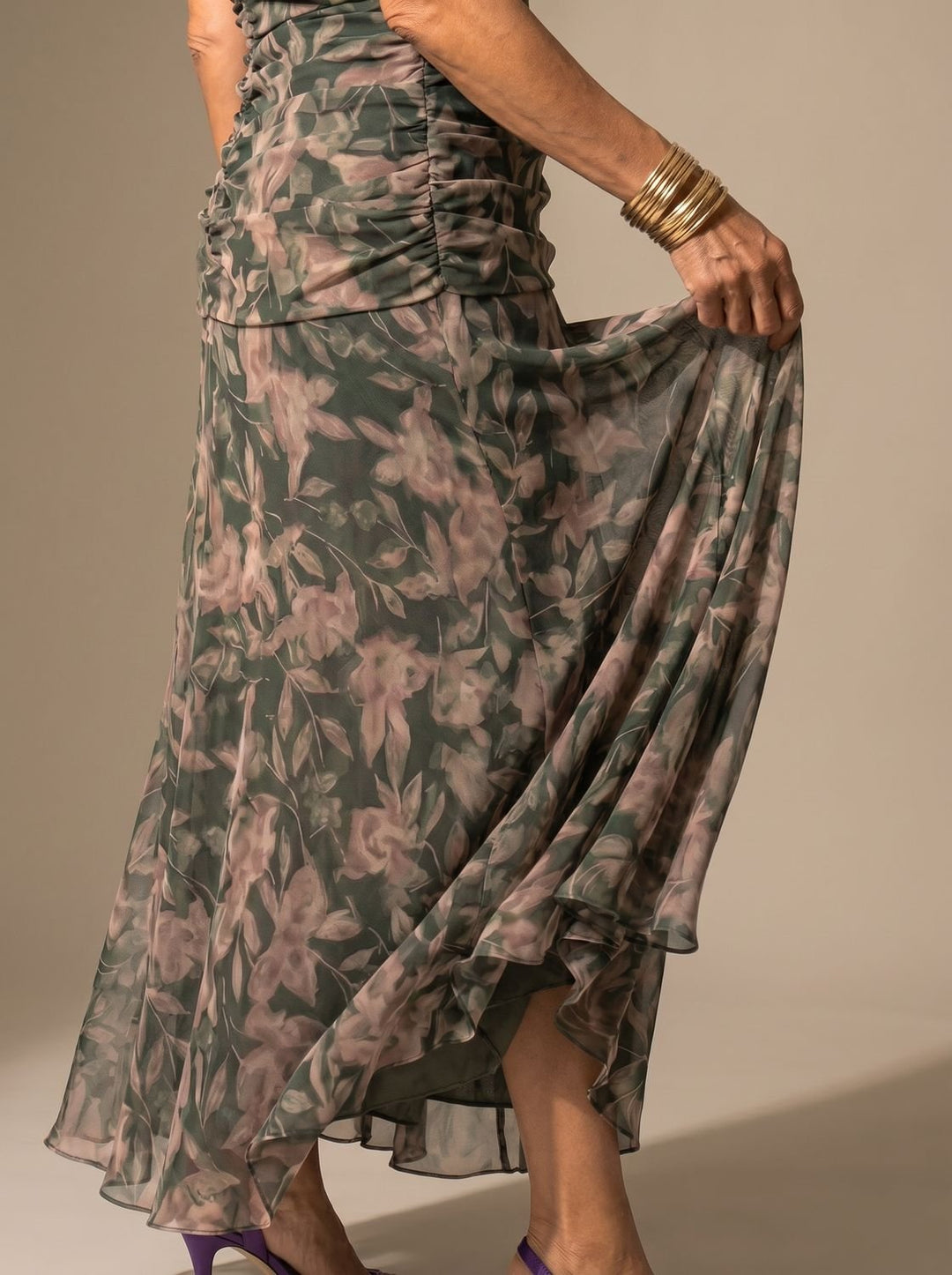 Women's Flowy Midi Dress Off-Shoulder Draped Floral Chiffon