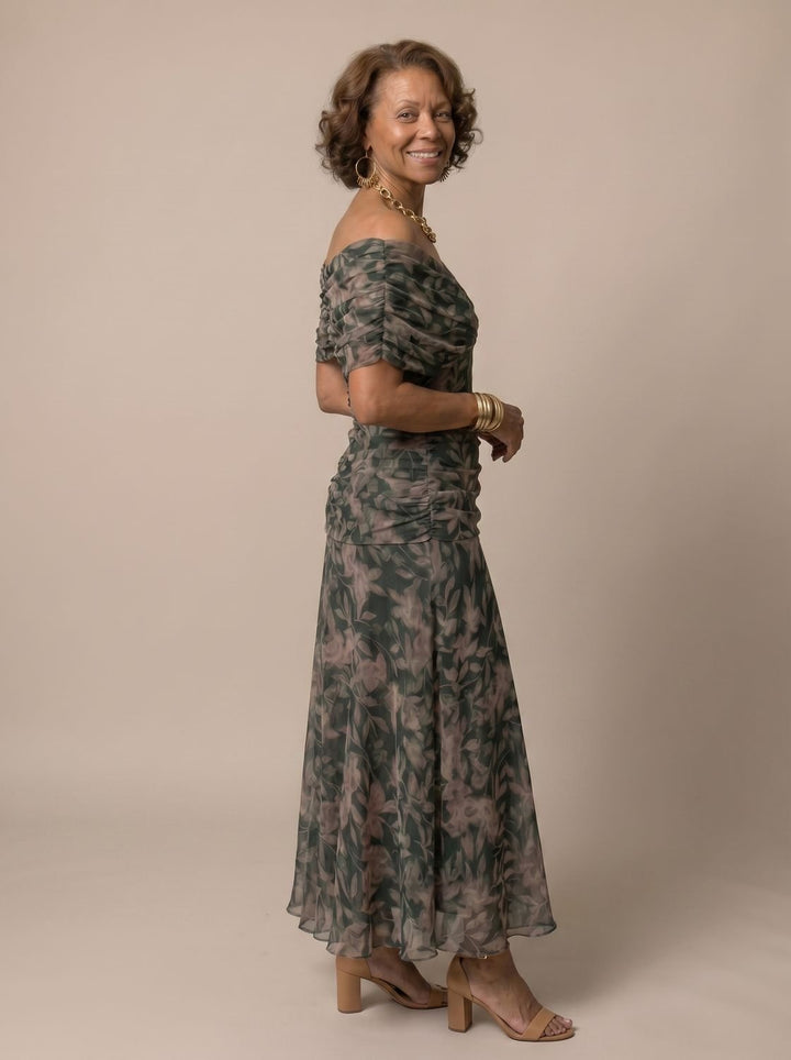 Women's Flowy Midi Dress Off-Shoulder Draped Floral Chiffon