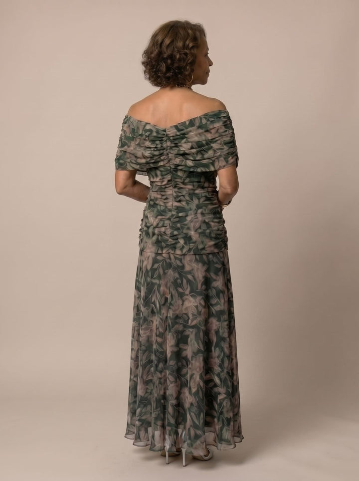 Women's Flowy Midi Dress Off-Shoulder Draped Floral Chiffon