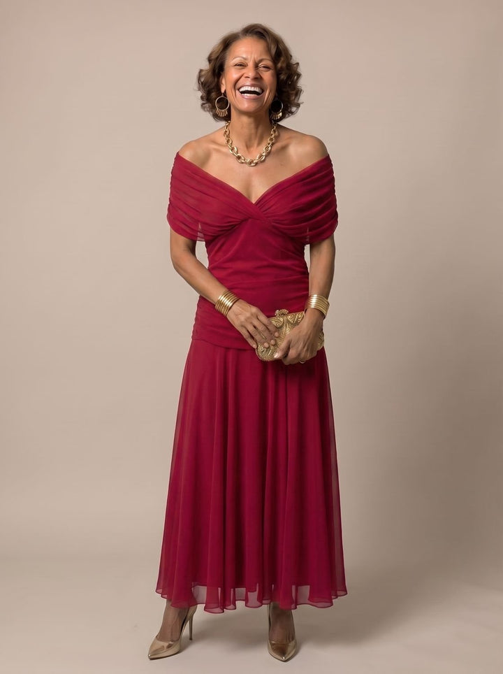 Women's Flowy Midi Dress Off-Shoulder Draped Floral Chiffon - Red