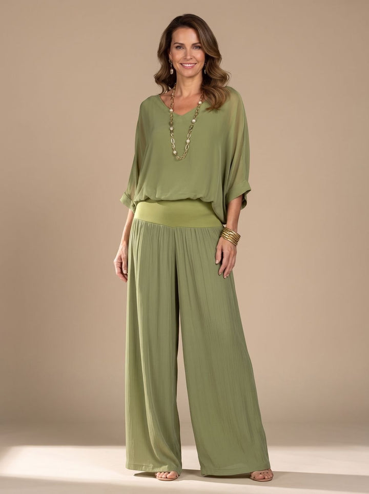 Women's Flowy Wide-Leg Two-Piece Blouson Top Set - Green