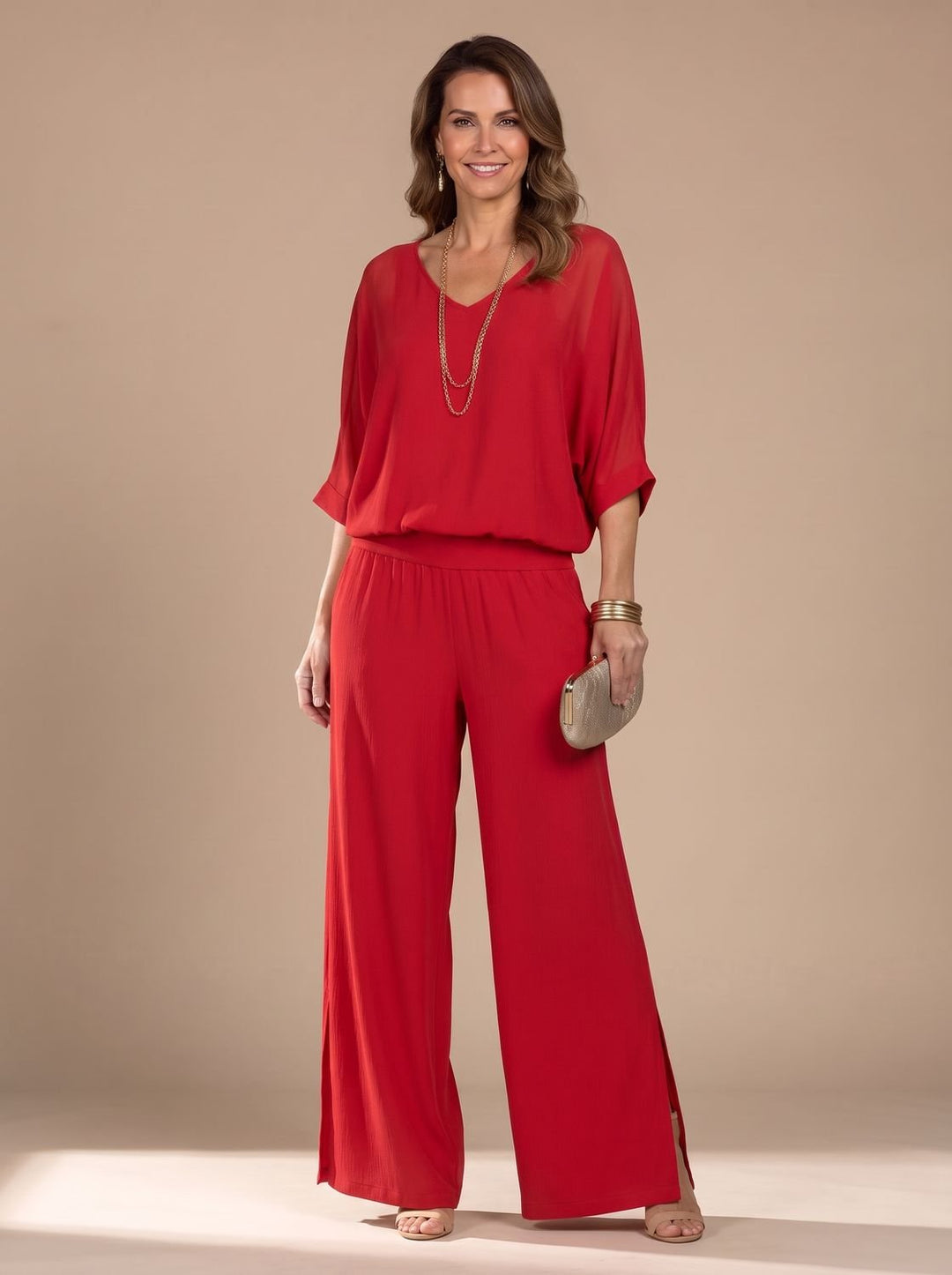 Women's Flowy Wide-Leg Two-Piece Blouson Top Set - Red
