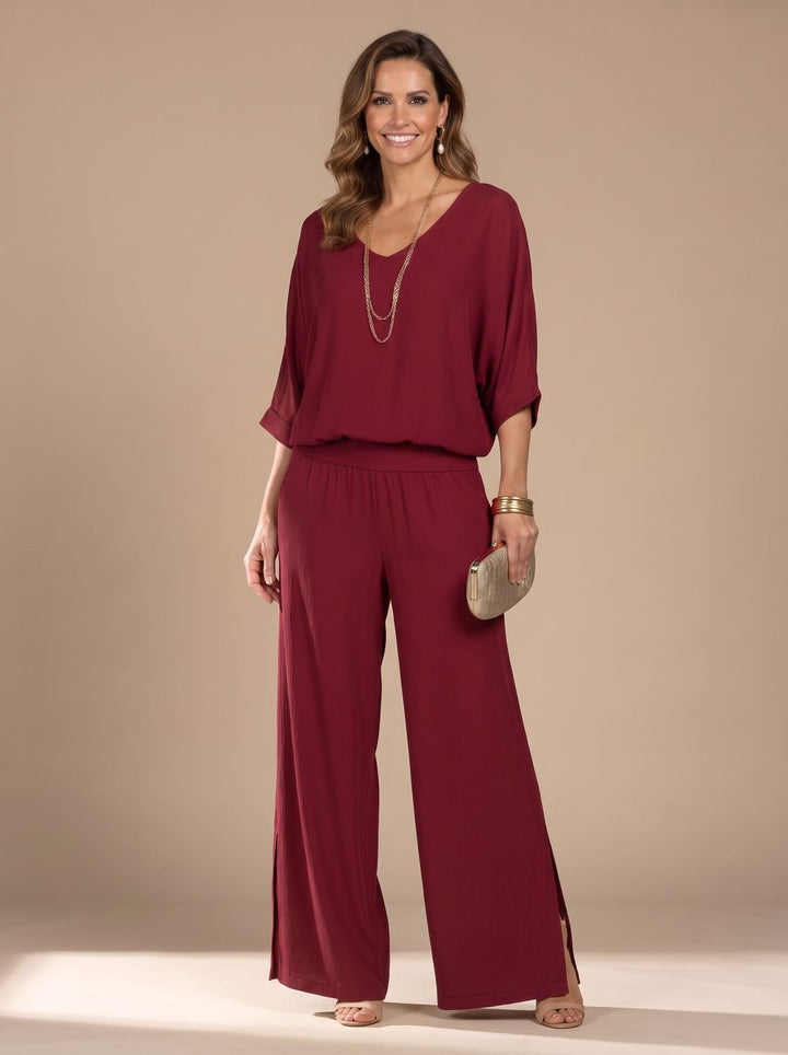 Women's Flowy Wide-Leg Two-Piece Blouson Top Set - Burgundy