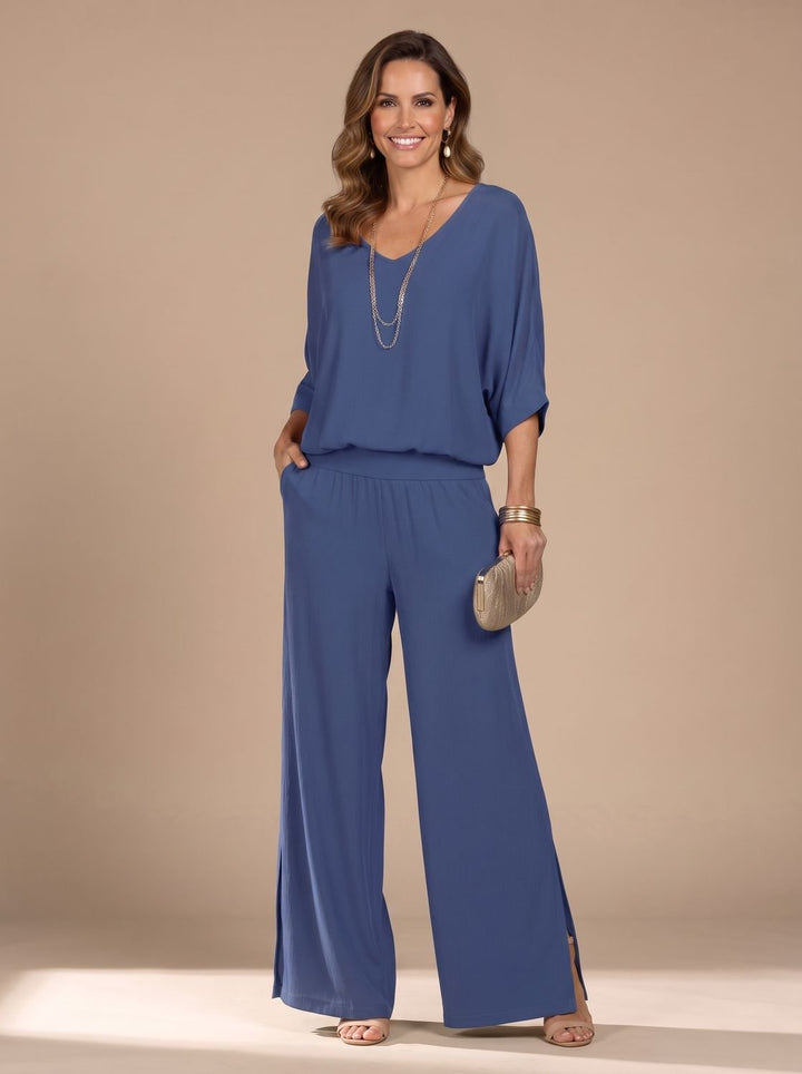 Women's Flowy Wide-Leg Two-Piece Blouson Top Set - Blue