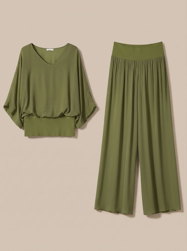Women's Flowy Wide-Leg Two-Piece Blouson Top Set