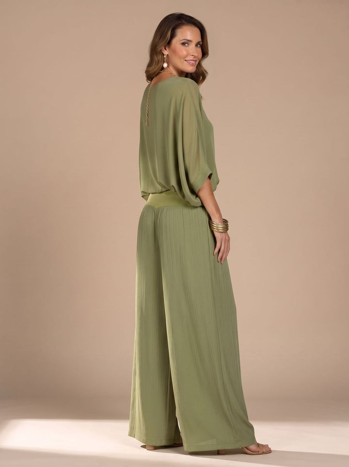 Women's Flowy Wide-Leg Two-Piece Blouson Top Set