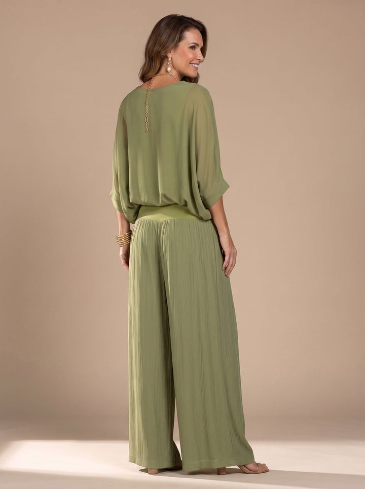 Women's Flowy Wide-Leg Two-Piece Blouson Top Set