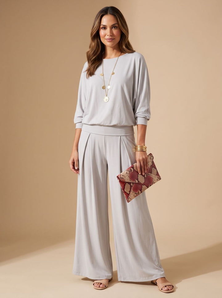 Women's Flowy Wide-Leg Two-Piece Blouson Top Set - Gray