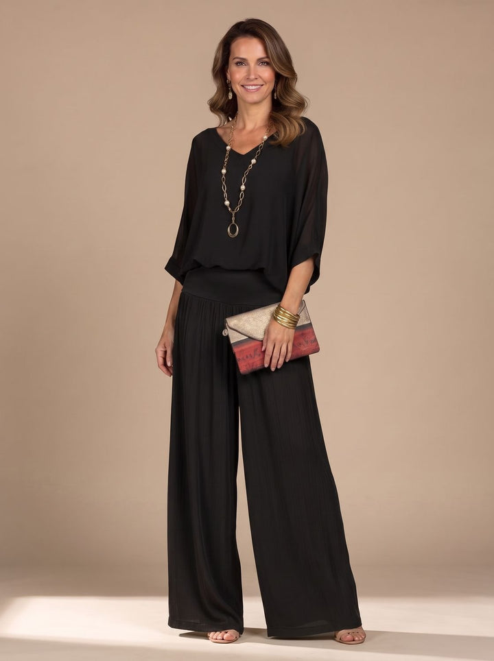 Women's Flowy Wide-Leg Two-Piece Blouson Top Set - Black