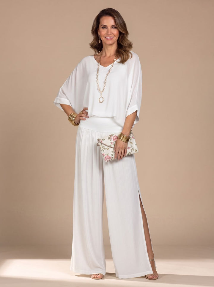 Women's Flowy Wide-Leg Two-Piece Blouson Top Set - White