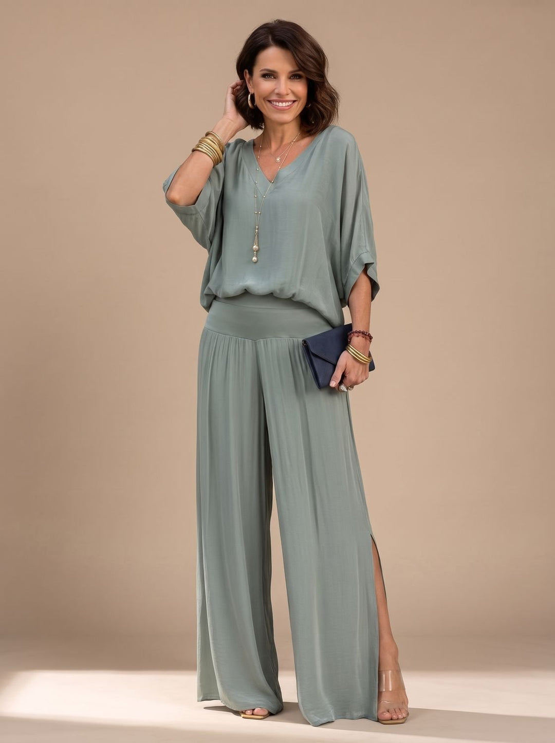 Women's Flowy Wide-Leg Two-Piece Blouson Top Set - Light Green