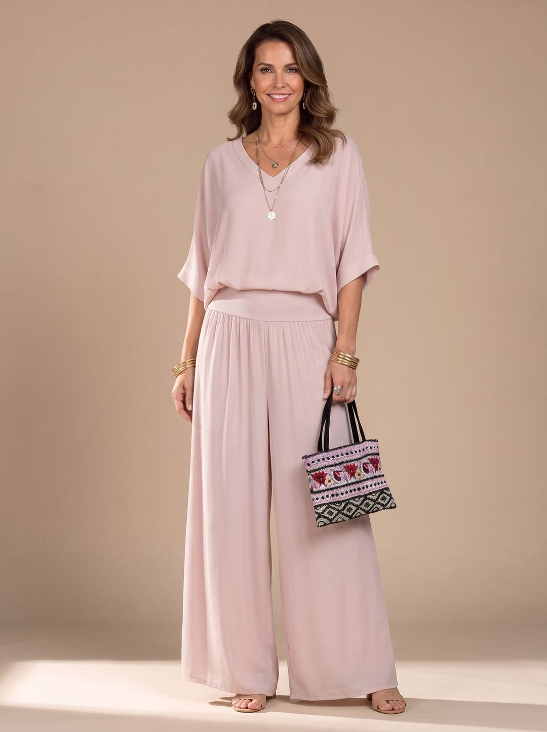 Women's Flowy Wide-Leg Two-Piece Blouson Top Set - Pink