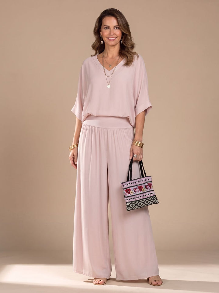 Women's Flowy Wide-Leg Two-Piece Blouson Top Set - Pink